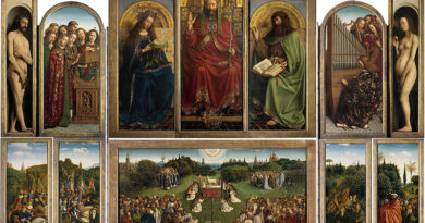 An image of The Ghent Altarpiece, a 12-panel polyptych created by Flemish painter Jan van Eyck in 1432